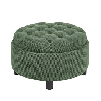 25 Inch Round Storage Ottoman with Tray, Modern Tufted Fabric Coffee Table with Removable Top