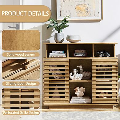 36.1" Sideboard Buffet Cabinet with Sliding Doors, Farmhouse Lattice Design, Adjustable Shelf