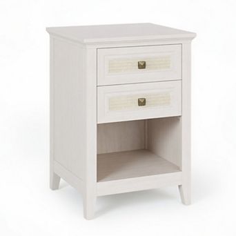White Rattan Nightstand, 17.7" Wide Boho Bedside Table with 2 Drawers and Open Shelf