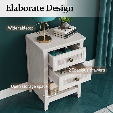 White Rattan Nightstand, 17.7" Wide Boho Bedside Table with 2 Drawers and Open Shelf