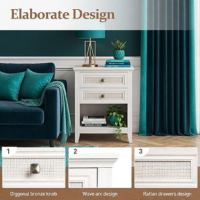 White Rattan Nightstand, 17.7" Wide Boho Bedside Table with 2 Drawers and Open Shelf