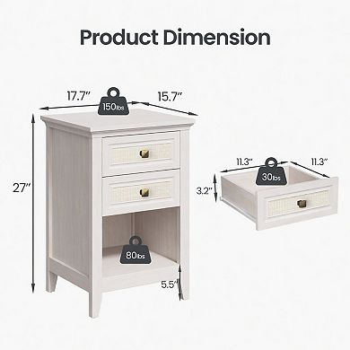 White Rattan Nightstand, 17.7" Wide Boho Bedside Table with 2 Drawers and Open Shelf