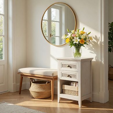 White Rattan Nightstand, 17.7" Wide Boho Bedside Table with 2 Drawers and Open Shelf