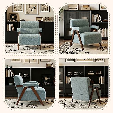 Mid Century Modern Accent Chair with Solid Wood Frame, Tufted Armchair for Living Room, Green