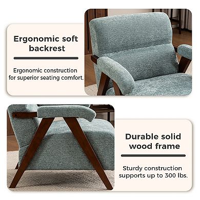 Mid Century Modern Accent Chair with Solid Wood Frame, Tufted Armchair for Living Room, Green