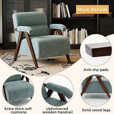 Mid Century Modern Accent Chair with Solid Wood Frame, Tufted Armchair for Living Room, Green