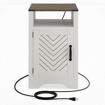 16" White & Rustic Oak Farmhouse Nightstand with Charging Station, USB Ports, AC Outlets and Storage