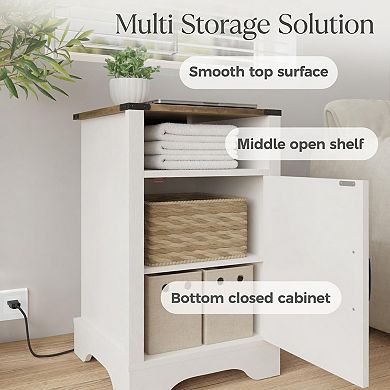 16" White & Rustic Oak Farmhouse Nightstand with Charging Station, USB Ports, AC Outlets and Storage