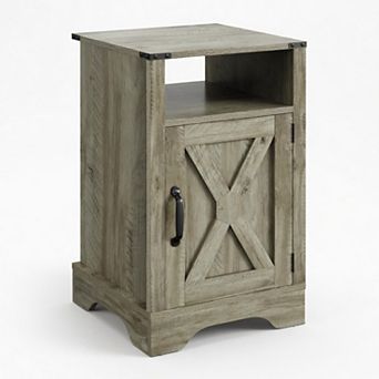 Light Grey Farmhouse Nightstand with Charging Station, 16x16x25 Inches