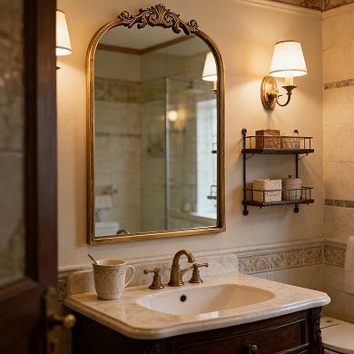 Vintage Arched Wall Mirror with Baroque Style Gold Metal Frame, 18.9" x 30.7"