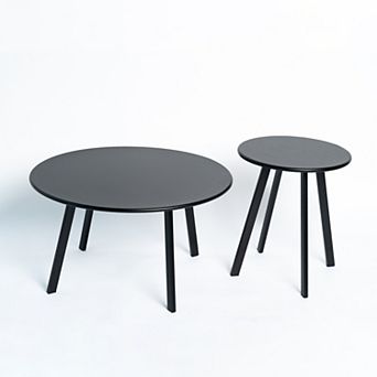 2 pc Round Nesting Metal Coffee Table Set for Living Room, Patio, Indoor and Outdoor Use, Black