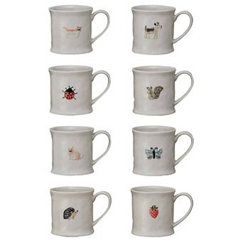 Hello Honey Eclectic Fauna Stoneware Mug, Multicolor, Set of 8