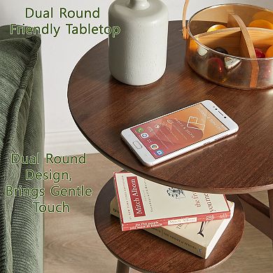 2-Tier Solid Wood End Table with Storage Shelf for Living Room, Bedroom or Home Office, Walnut