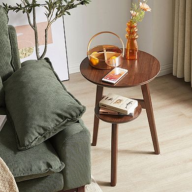 2-Tier Solid Wood End Table with Storage Shelf for Living Room, Bedroom or Home Office, Walnut