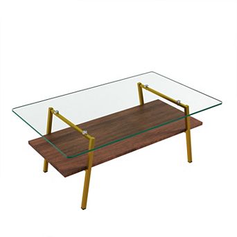 Modern Rectangular Coffee Table with Tempered Glass Top and MDF Shelf, 38.58" L x 22.84" W x 16.73"