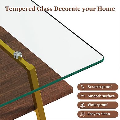Modern Rectangular Coffee Table with Tempered Glass Top and MDF Shelf, 38.58" L x 22.84" W x 16.73"