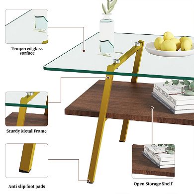 Modern Rectangular Coffee Table with Tempered Glass Top and MDF Shelf, 38.58" L x 22.84" W x 16.73"
