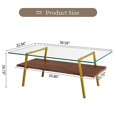 Modern Rectangular Coffee Table with Tempered Glass Top and MDF Shelf, 38.58" L x 22.84" W x 16.73"