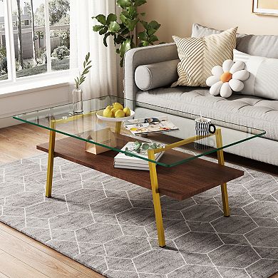 Modern Rectangular Coffee Table with Tempered Glass Top and MDF Shelf, 38.58" L x 22.84" W x 16.73"