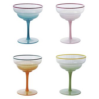 Hello Honey 4 pc Fluted Stemmed Coupe Glass with Colored Rim, Multicolor