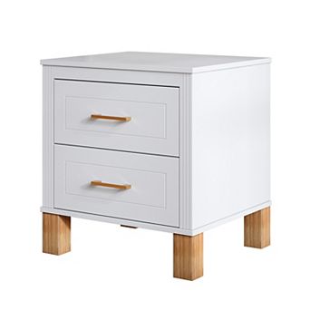 2 Drawer Nightstand, Premium Wood Storage with Elegant Fluted Design and Metal Handle, White