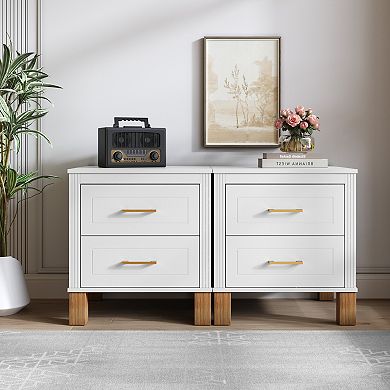 2 Drawer Nightstand, Premium Wood Storage with Elegant Fluted Design and Metal Handle, White