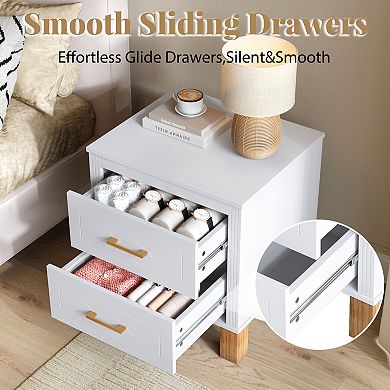 2 Drawer Nightstand, Premium Wood Storage with Elegant Fluted Design and Metal Handle, White