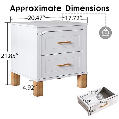2 Drawer Nightstand, Premium Wood Storage with Elegant Fluted Design and Metal Handle, White