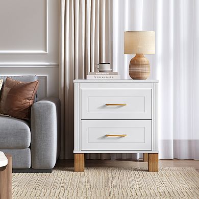 2 Drawer Nightstand, Premium Wood Storage with Elegant Fluted Design and Metal Handle, White