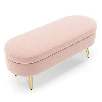 Flannel Ottoman Oval Storage Bench with Metal Legs, Pink