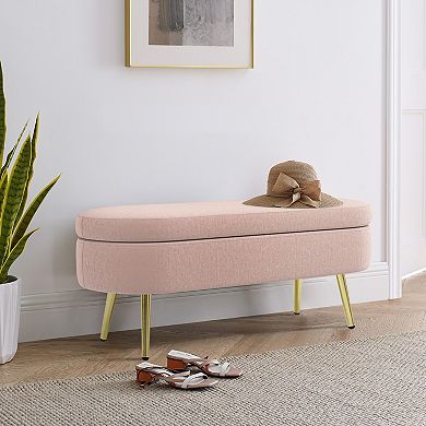 Flannel Ottoman Oval Storage Bench with Metal Legs, Pink