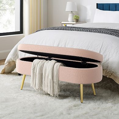 Flannel Ottoman Oval Storage Bench with Metal Legs, Pink