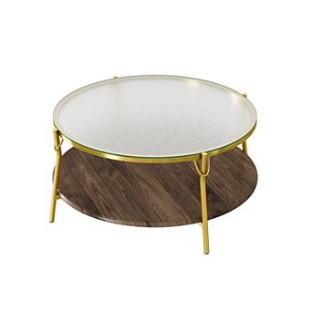 Modern Round Walnut 2 tier Coffee Table with Glass Top & Gold Base for Living Room, 29.9" Diameter