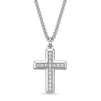LYNX Men's Sterling Silver 1/2 Carat T.W. Lab-Grown Diamond Cross Pendant Necklace