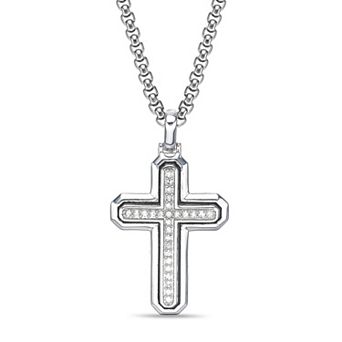 LYNX Men's Sterling Silver 1/2 Carat T.W. Lab-Grown Diamond Rounded Cross Pendant Necklace