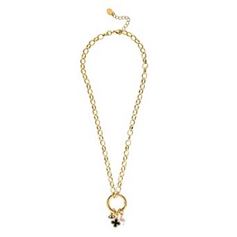 Rivka Friedman 18K Gold Plated Polished Link Onyx + Pearl Charm Necklace