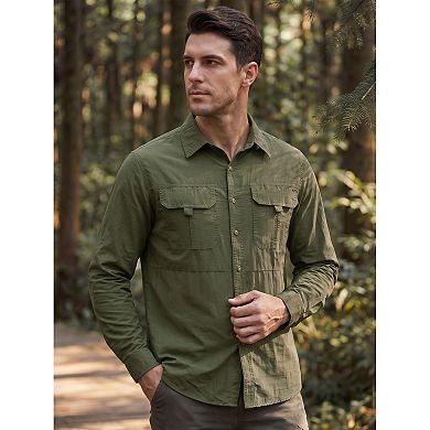 Men's Casual Button Down Long Sleeve Pockets Hiking Fishing Cargo Work Shirt