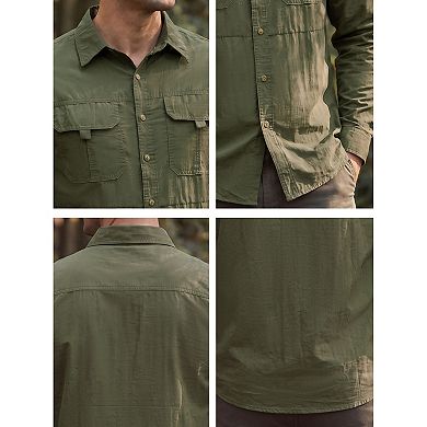 Men's Casual Button Down Long Sleeve Pockets Hiking Fishing Cargo Work Shirt