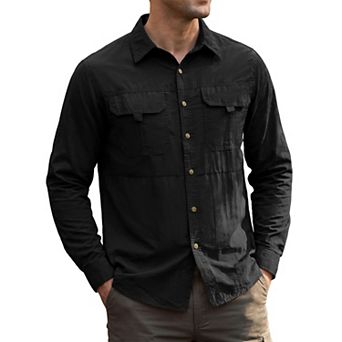Men's Casual Button Down Long Sleeve Pockets Hiking Fishing Cargo Work Shirt