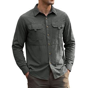 Men's Casual Button Down Long Sleeve Pockets Hiking Fishing Cargo Work Shirt
