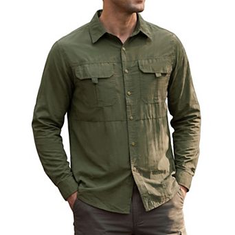 Men's Casual Button Down Long Sleeve Pockets Hiking Fishing Cargo Work Shirt