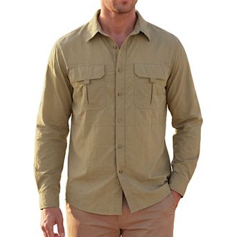 Men's Casual Button Down Long Sleeve Pockets Hiking Fishing Cargo Work Shirt