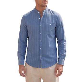 Men's Casual Banded Collar Pocket Button Long Sleeve Striped Shirt