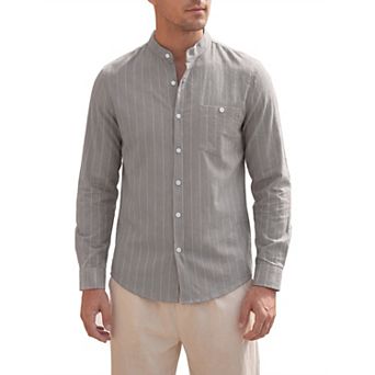 Men's Casual Banded Collar Pocket Button Long Sleeve Striped Shirt