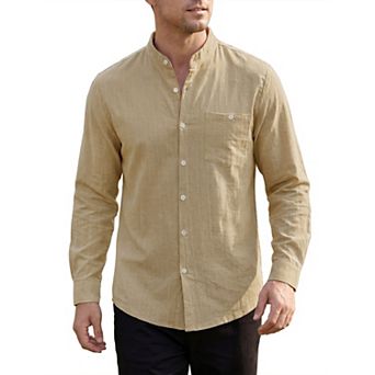 Men's Casual Banded Collar Pocket Button Long Sleeve Striped Shirt