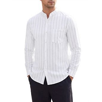 Men's Casual Banded Collar Pocket Button Long Sleeve Striped Shirt