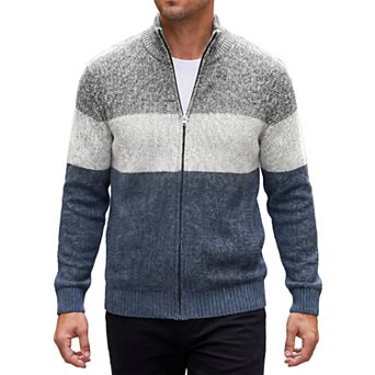 Men's Sweater Jackets Stand Collar Contrasting Colors Stripe Cable Knit Sweater Jacket