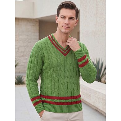 Men's Knit Sweater V Neck Cable Slim Fit Pullover Long Sleeve Fall Winter Casual Sweaters