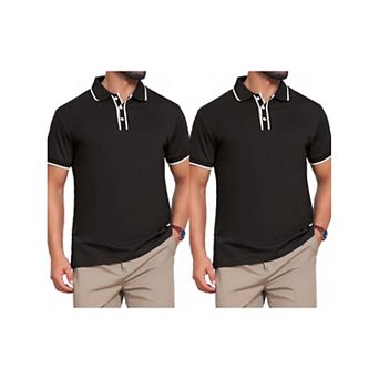 2 Packs Men's Contrast Trim Golf Shirt Short Sleeve Three-Button Closure Knitted Polo Shirts