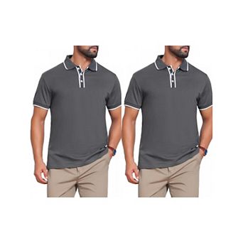 2 Packs Men's Contrast Trim Golf Shirt Short Sleeve Three-Button Closure Knitted Polo Shirts